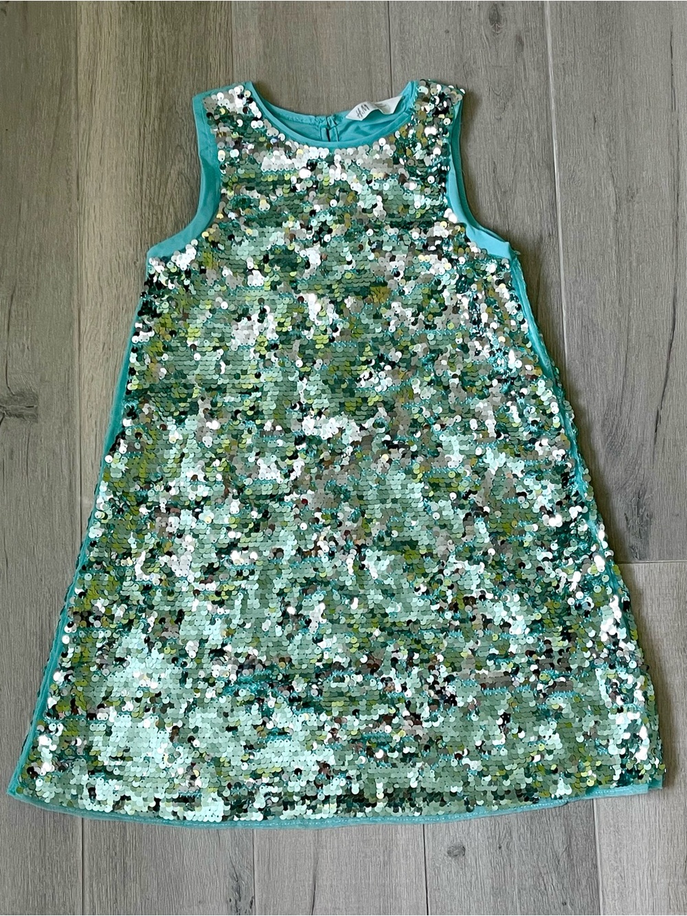 H&M Girls Aqua Sequin Shift Dress Size 8-9 Years 134 Sparkly Party Holiday